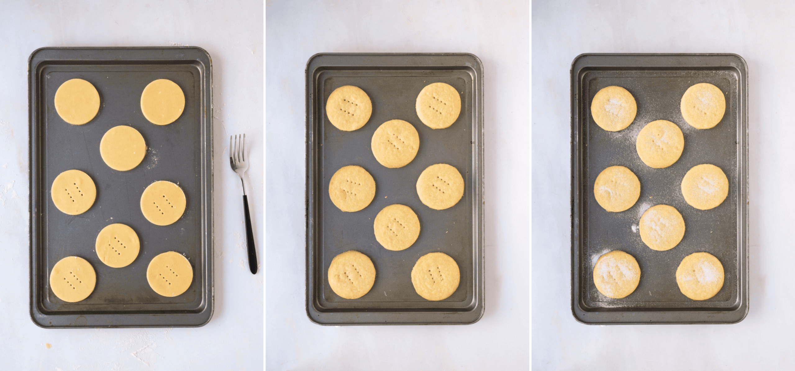 Shortbread rounds on a baking tray before and after baking, then sprinkled with caster sugar.
