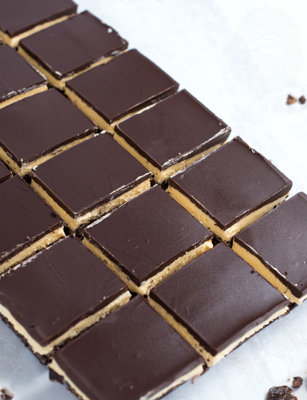 An overhead grid arrangement of multiple square Nanaimo bar slices neatly cut and ready to serve.