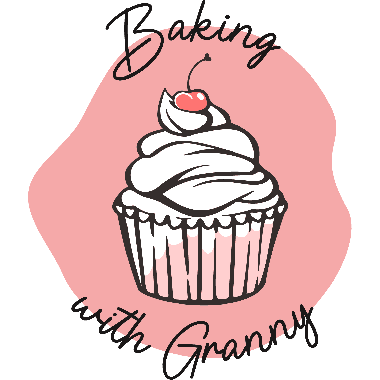 Baking with Granny Logo, featuring a pink splodge background, with a white cupcake with a pink cherry on top overlay, and the text "Baking with Granny" looping around.
