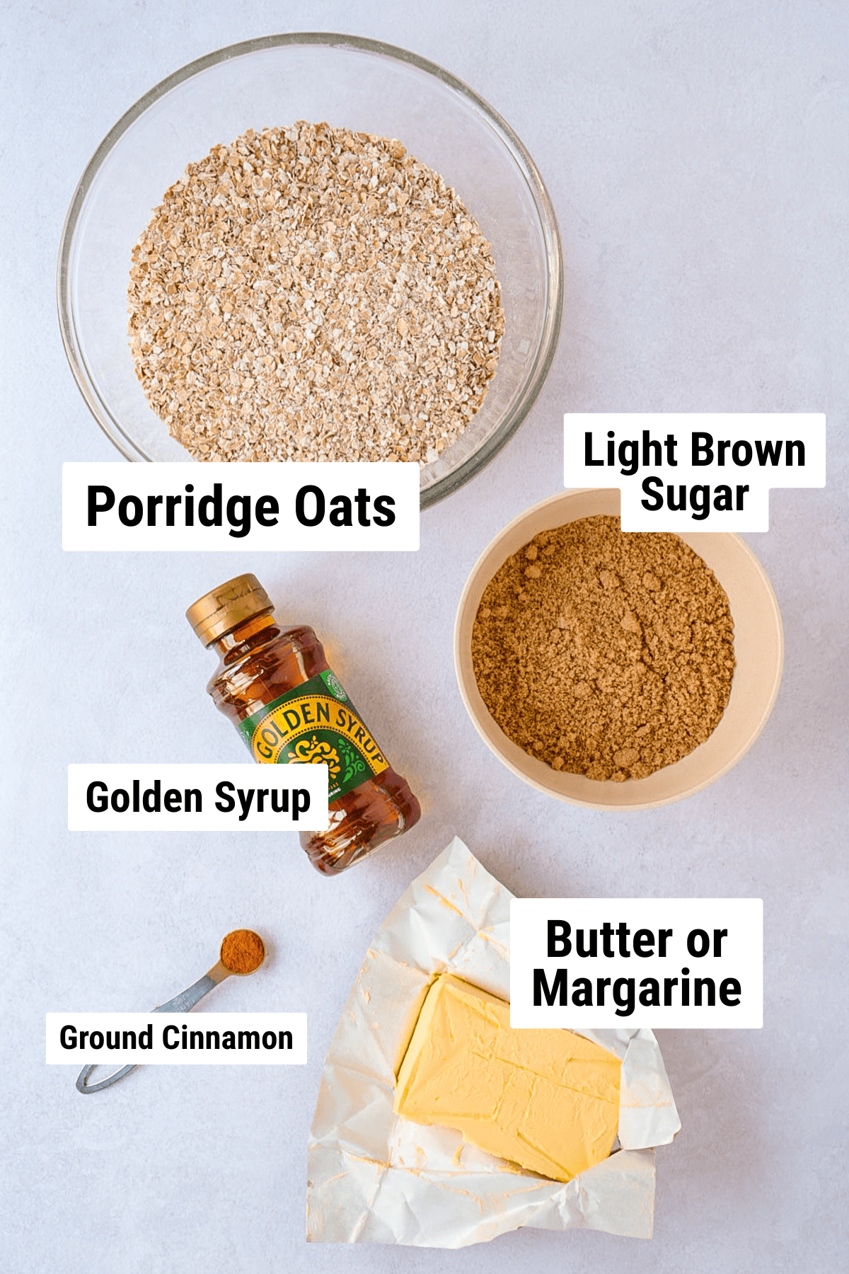 Porridge oats, brown sugar, golden syrup, butter and cinnamon for Flapjack.