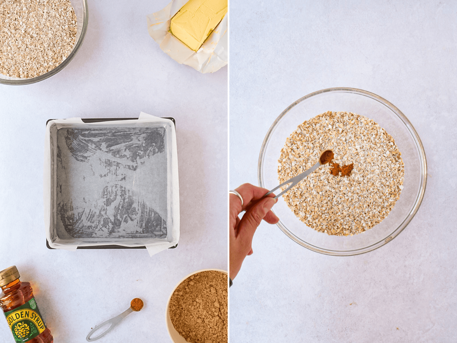 Lined square baking tin beside porridge oats being mixed with ground cinnamon.