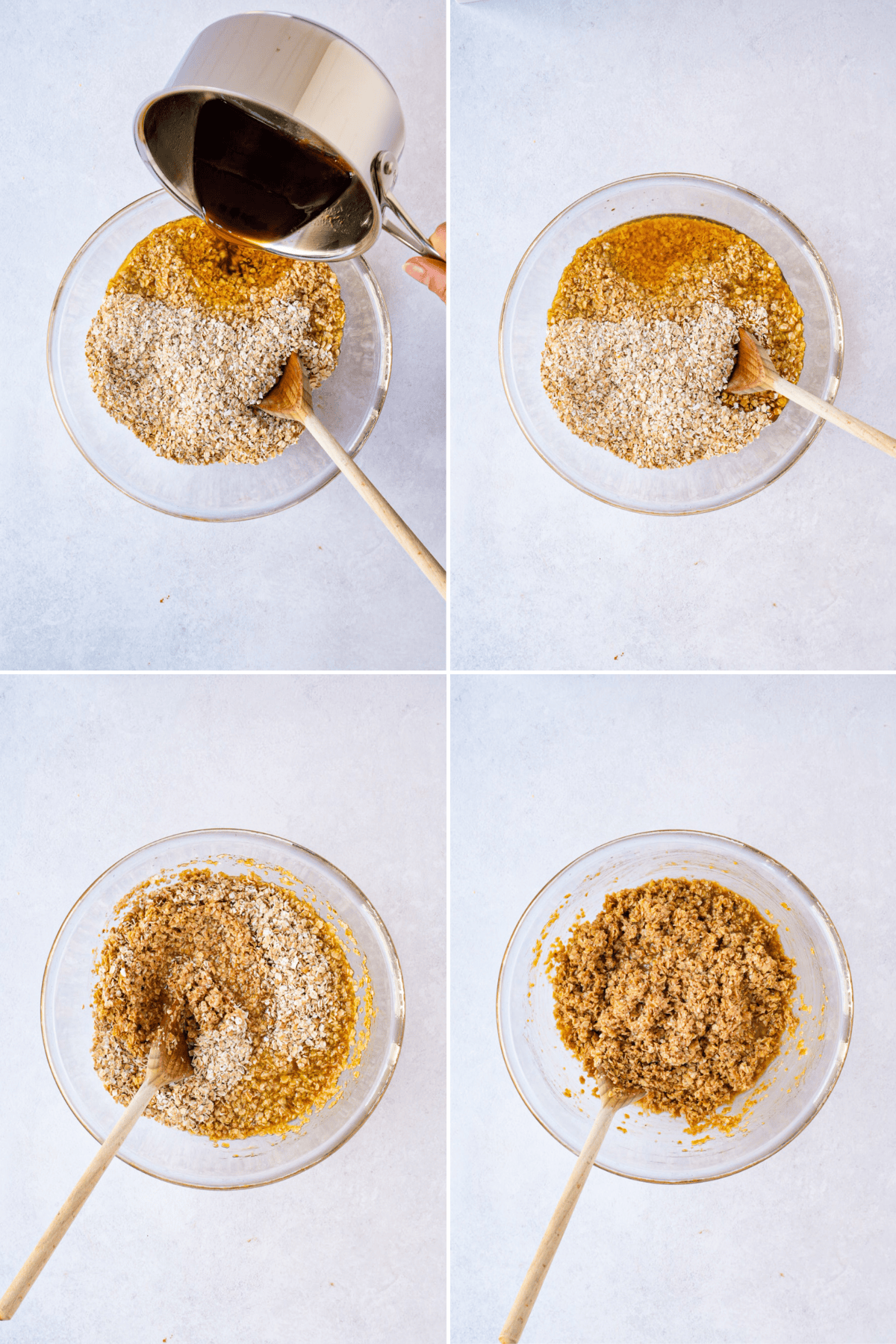 Melted butter, sugar and golden syrup being poured over porridge oats and stirred together.