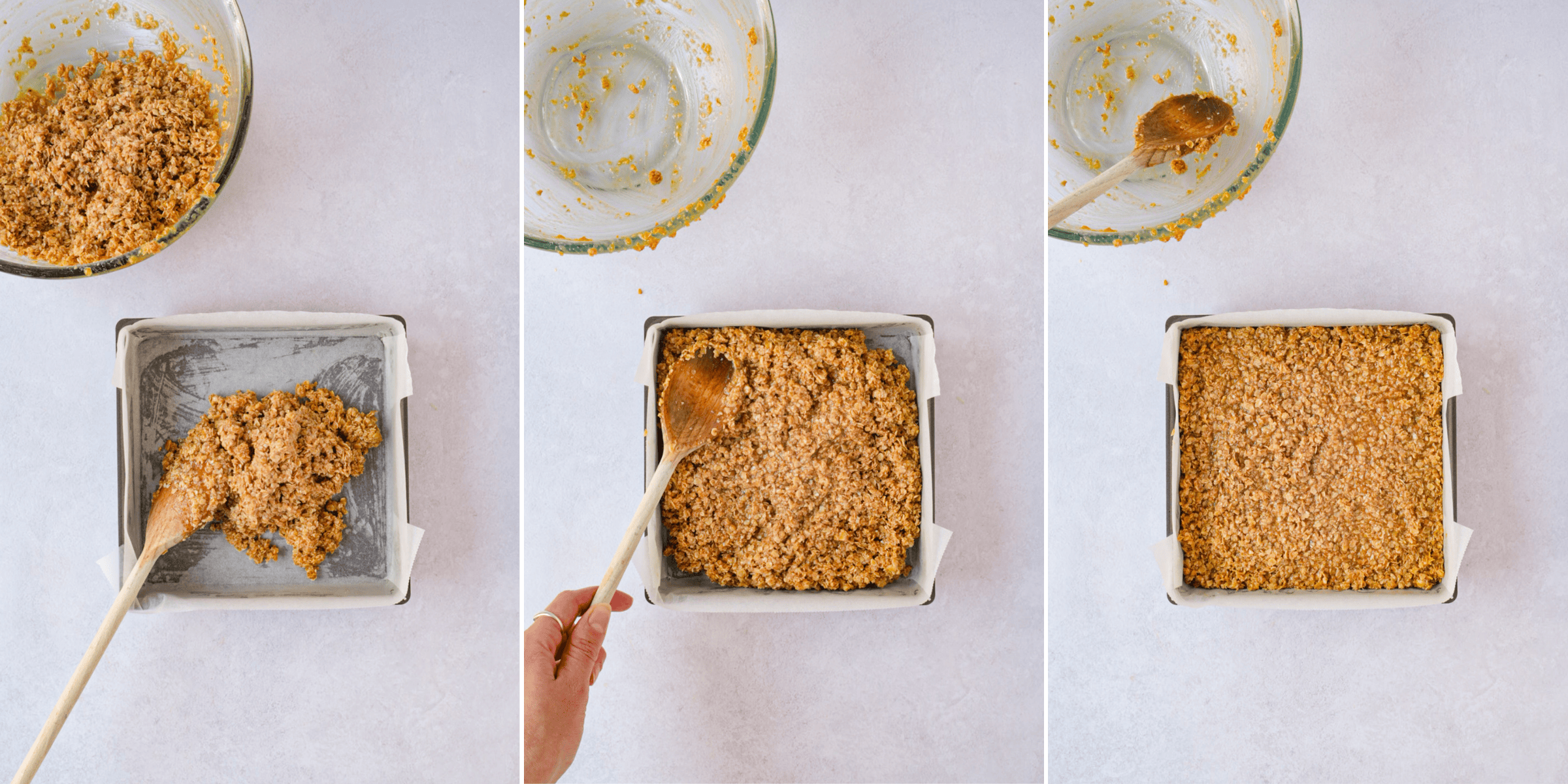 Flapjack mixture being spread and pressed into a lined square baking tin.