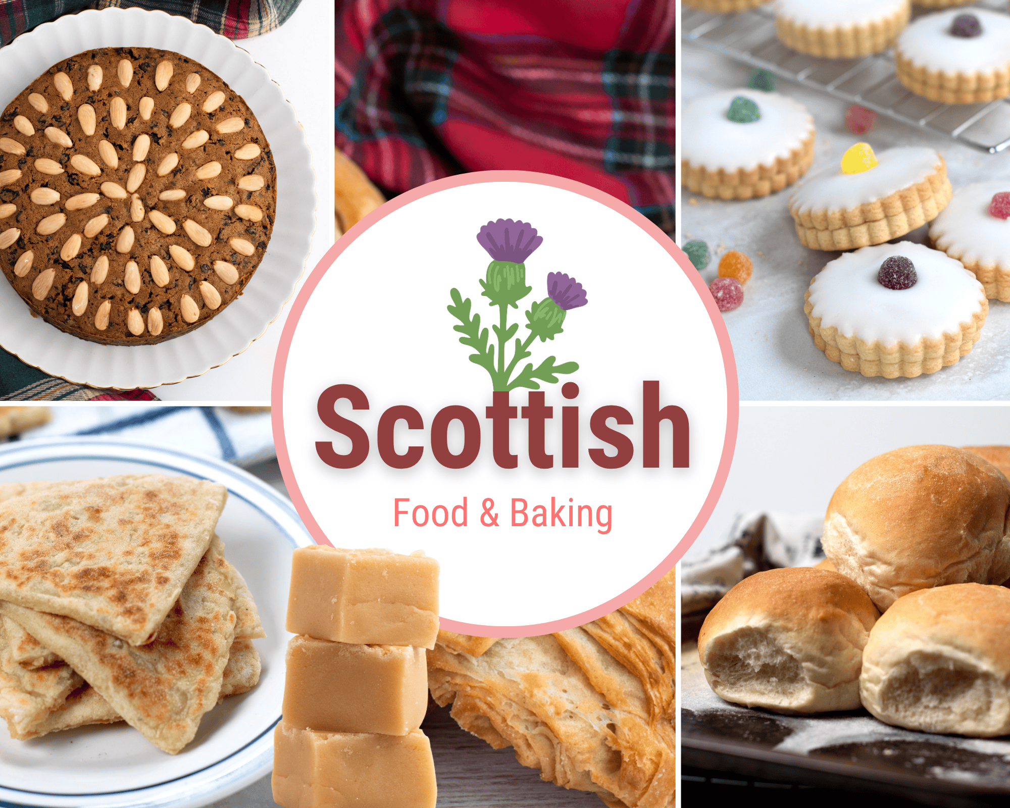 Collage with the title "Scottish Food and Baking" featuring a collection of traditional Scottish recipes including Dundee cake, empire biscuits, tattie scones, tablet, and morning rolls.