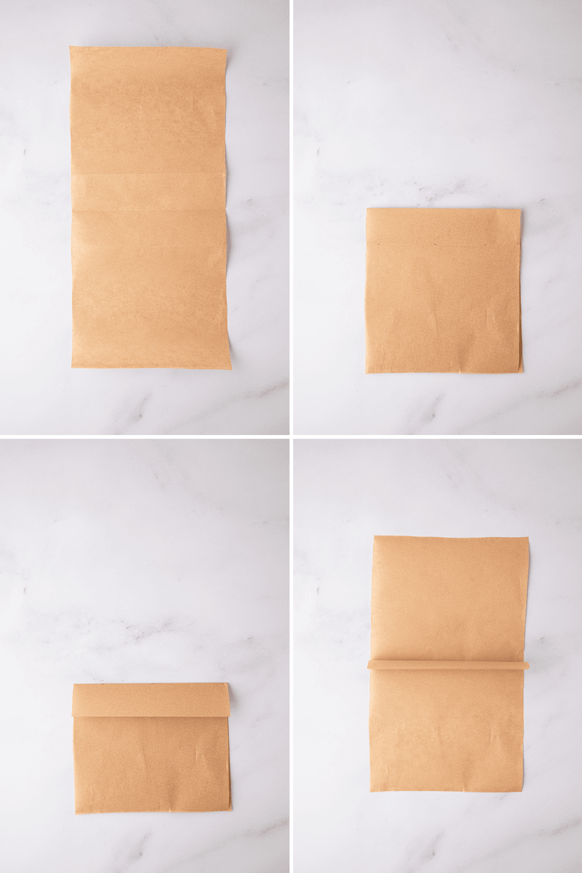 Greaseproof paper being folded into a divider for a square Battenberg cake tin.