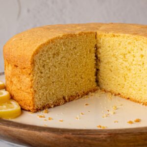 Sliced Madeira cake with a golden crust and soft, close crumb.