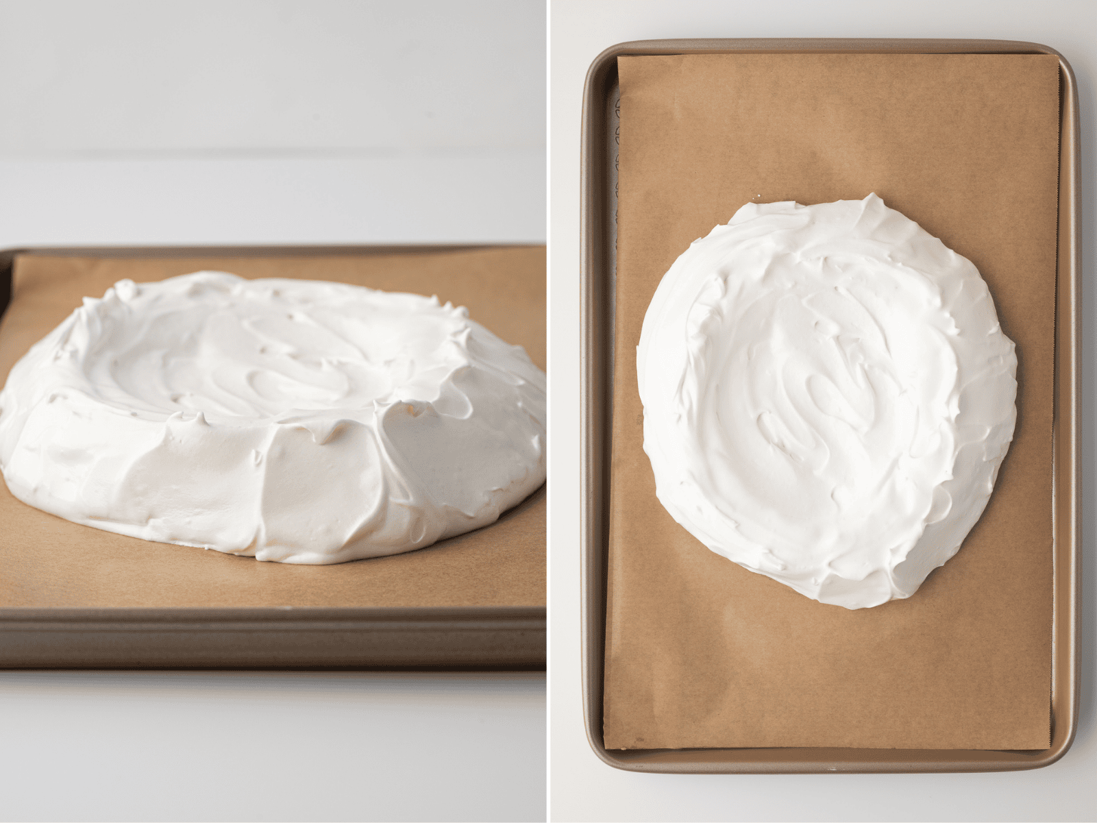 Unbaked Pavlova meringue shaped into a thick round with a shallow dip in the centre.