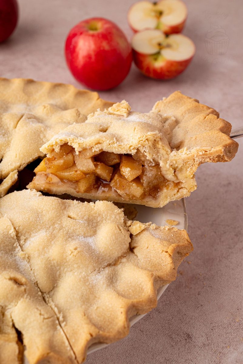 Slice of homemade apple pie on a serving utensil with apples in the background.